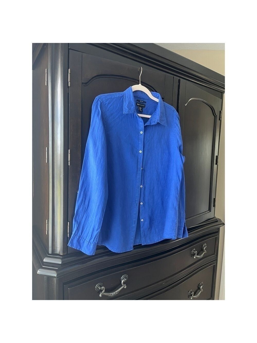 JNY Jones New York Blue Linen Long Sleeve Top Size Medium